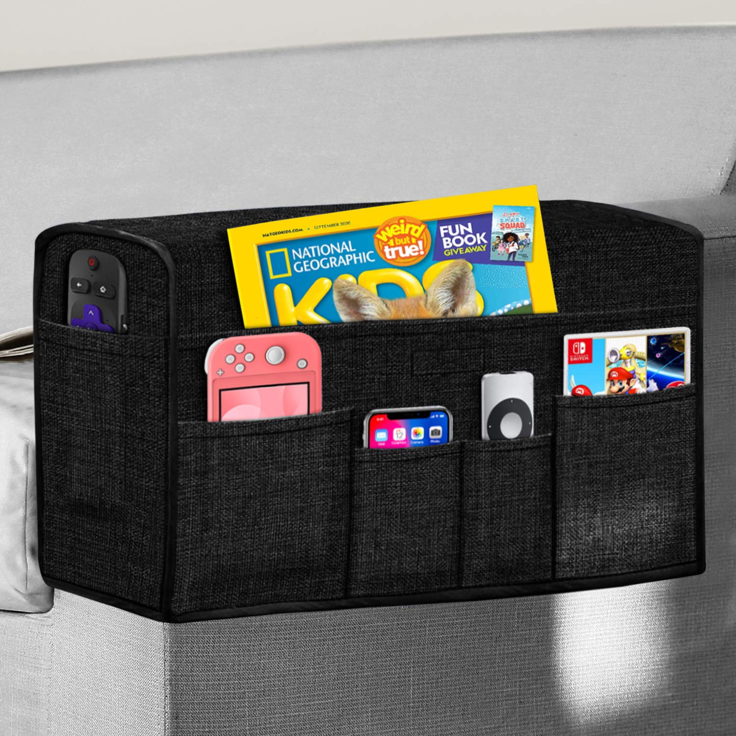 Joywell Anti-Slip Armrest Covers & Organizer with 6 Pockets for Sofa Couch, Armchair Caddy for Remote Control, Phone, iPad, Recliner Arm Protector for Pets, Durable Linen Slipcover, Set of 2, Black