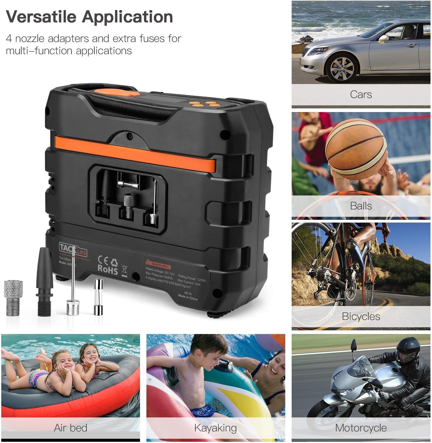 TACKLIFE Portable Tire Inflator Air Compressor, 12V Mini Electric Pump with Overheating Protection, LCD Display, LED Light, 3 Nozzles and Spare Fuse: Automotive