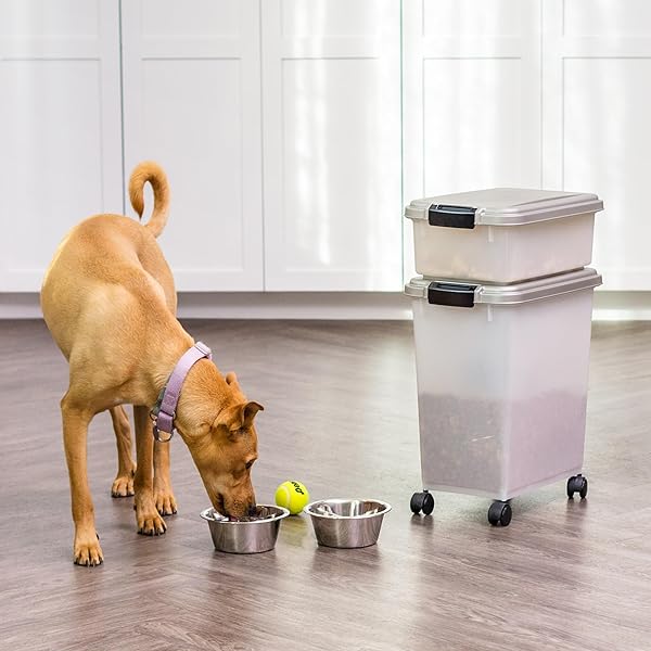 IRIS USA 30 LBS & 11 LBS COMBO AIRTIGHT DOG FOOD STORAGE CONTAINER, STACKABLE TREAT BOX, 2-CUP SCOOP, WHEELS, KEEP FRESH, EASY MOBILITY, SILVER