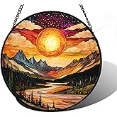 DASTOLL Stained Glass Window Hanging, Dusk Sunset Landscape Sun Catchers Glass Panel Lakes and Mountains Suncatcher Decor for Birthday for Women, Men, Wife, Aunt, and Mom 7.8 in