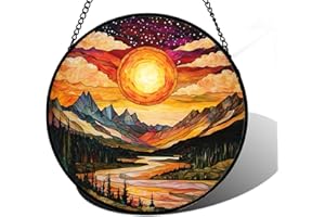 DASTOLL Stained Glass Window Hanging, Dusk Sunset Landscape Sun Catchers Glass Panel Lakes and Mountains Suncatcher Decor for Birthday for Women, Men, Wife, Aunt, and Mom 7.8 in