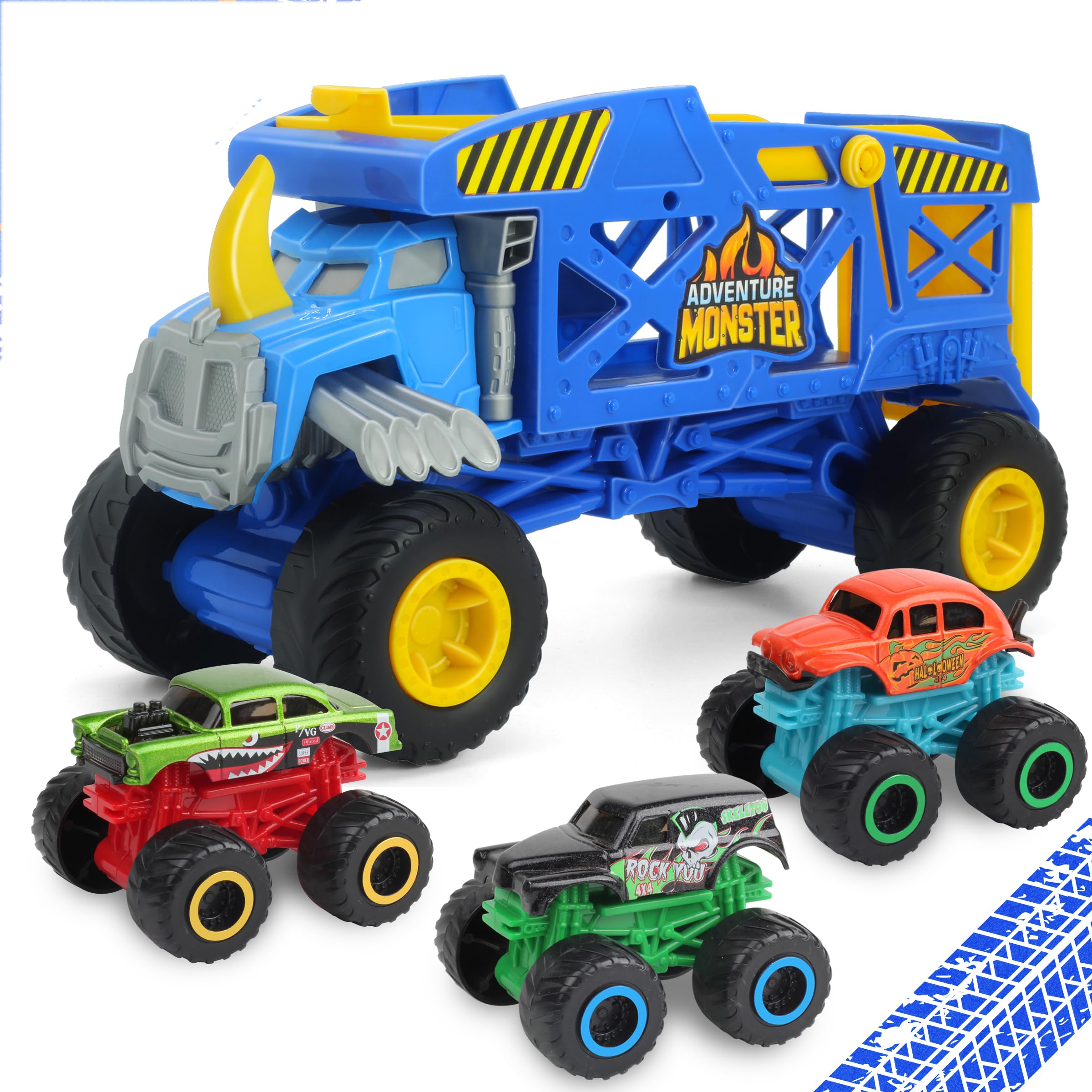 KARMOUNT Monster Trucks Mover Rhino Toy Car Hauler, Carrier Truck with 3 Mini Diecast Trucks, Transport Toys Super Ramp Lauch, Gift for Kids Years & Up, Blue (SQ86002-1)