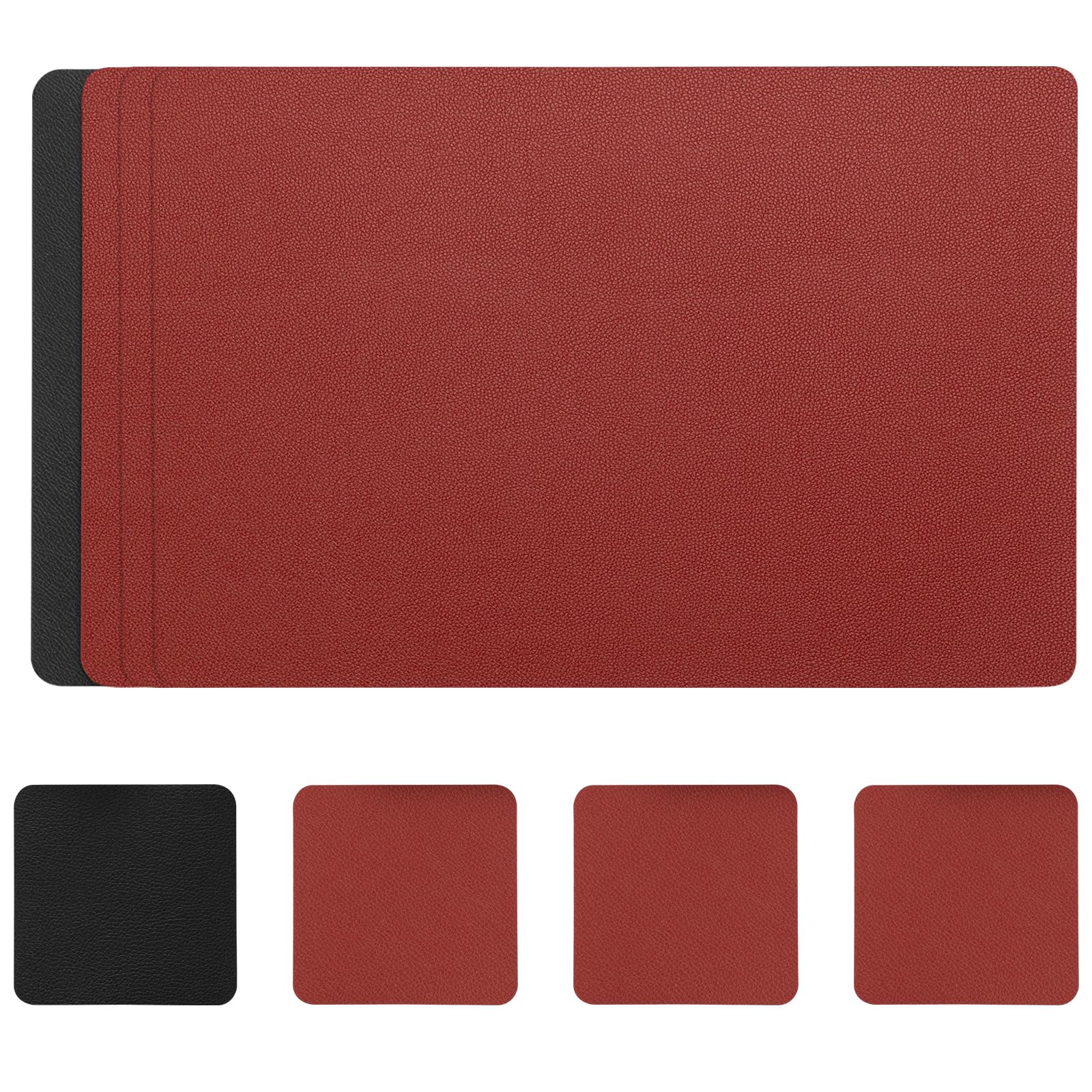 Myir JUN Leather Table Mats and Coasters, Dual-Sided Leather Placemats and Coasters Waterproof Placemats Set of 4 Place Mats Non-Slip Washable Table Mats (Red Black, Set of 4)