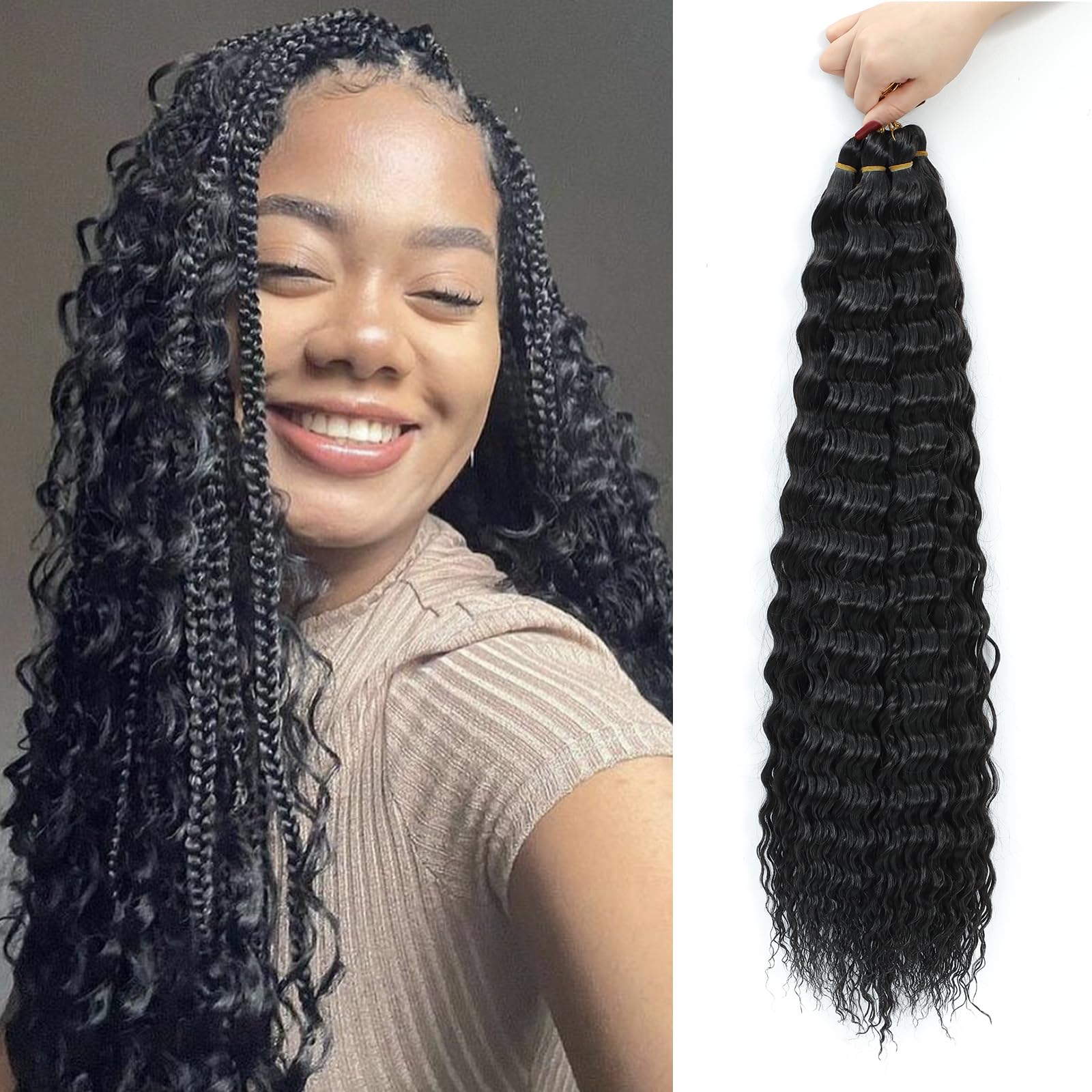 MLETULIPS Ocean Wave Crochet Hair Extensions Deep Wave Braiding Crochet Hair Soft Synthetic Curly Braiding Crochet Hair for Black Women (1B, 18 inch (pack of 6）) — image 1