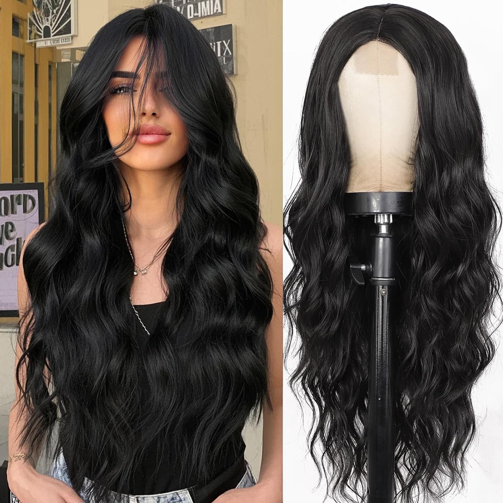 Photo 1 of XIXIBI Black Wigs for Women, Long Wavy Wigs Middle Part Curly Wavy Wig Natural Looking Synthetic Heat Resistant Fiber Wig for Daily Party Use 26 Inch