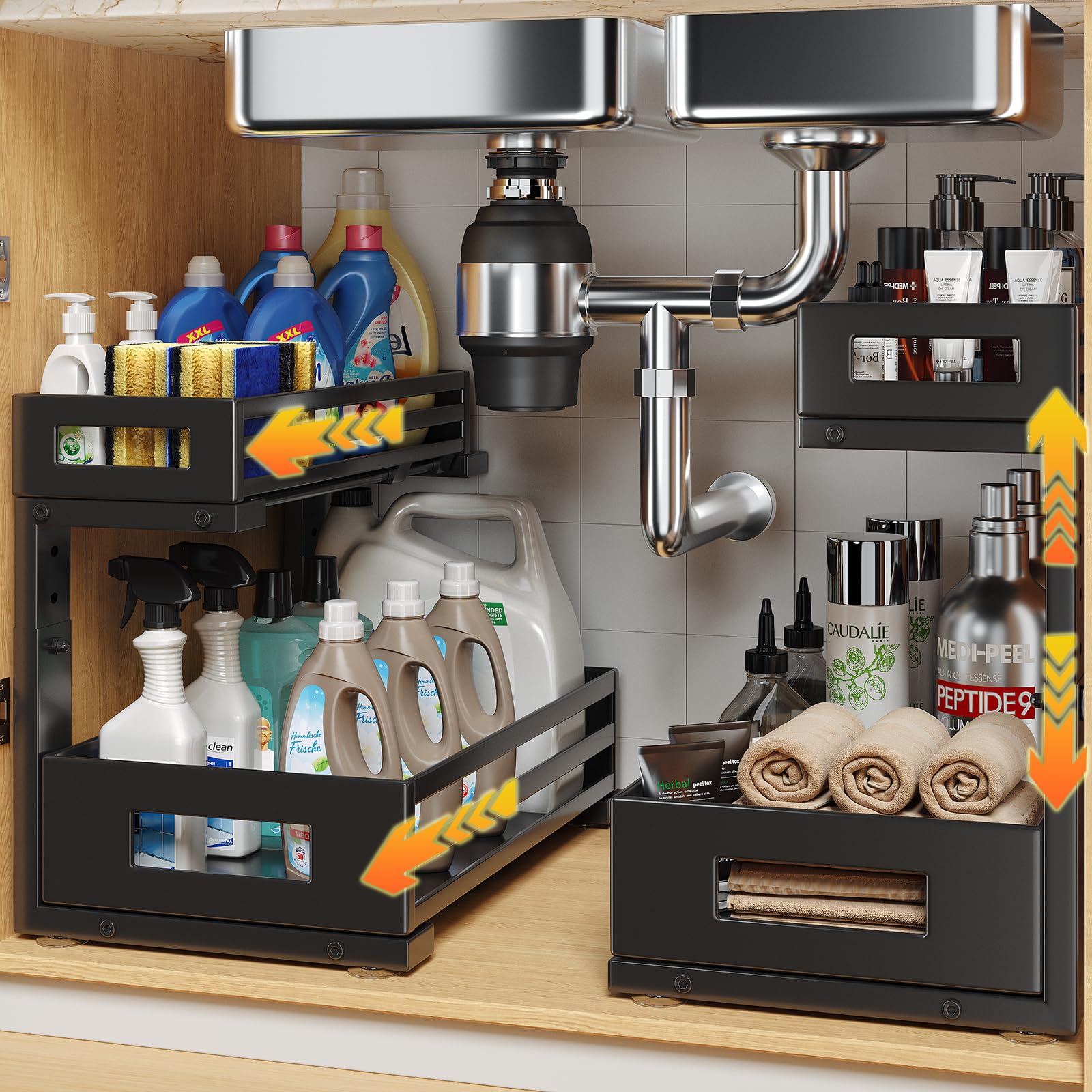Photo 1 of 2-Pack Under Sink Organizers and Storage,2-Tier L Shape Pull Out Cabinet Organizer With Round Tube Slide Rails,Hight Adjustable Slide Out Drawers for Kitchen&Bathroom,Multi-Purpose Storage Shelf-Black