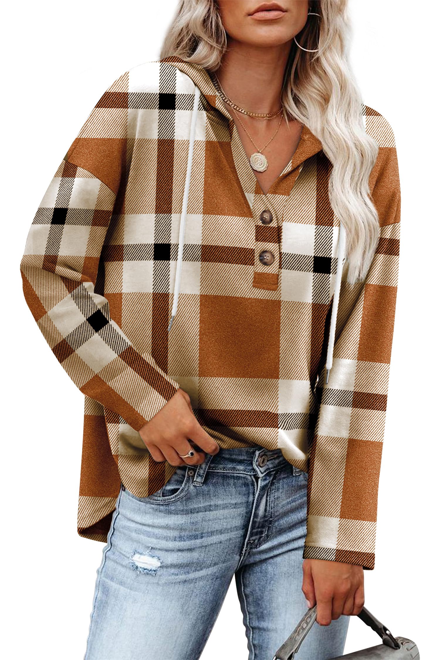 RUMIA Womens Tops V Neck Button Sweatshirt for Women Pullover Long SLeeve Shirts Fall Outfits 2025 Loose Fit S-3XL