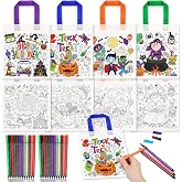 HOWAF 12pcs DIY Trick or Treat Bags, Halloween Coloring Goodie Bags with Paint Pens for Kids, Trick or Treat Coloring Tote Bags, Color Your Own Halloween Reusable Canvas Bag Party Favors Coloring