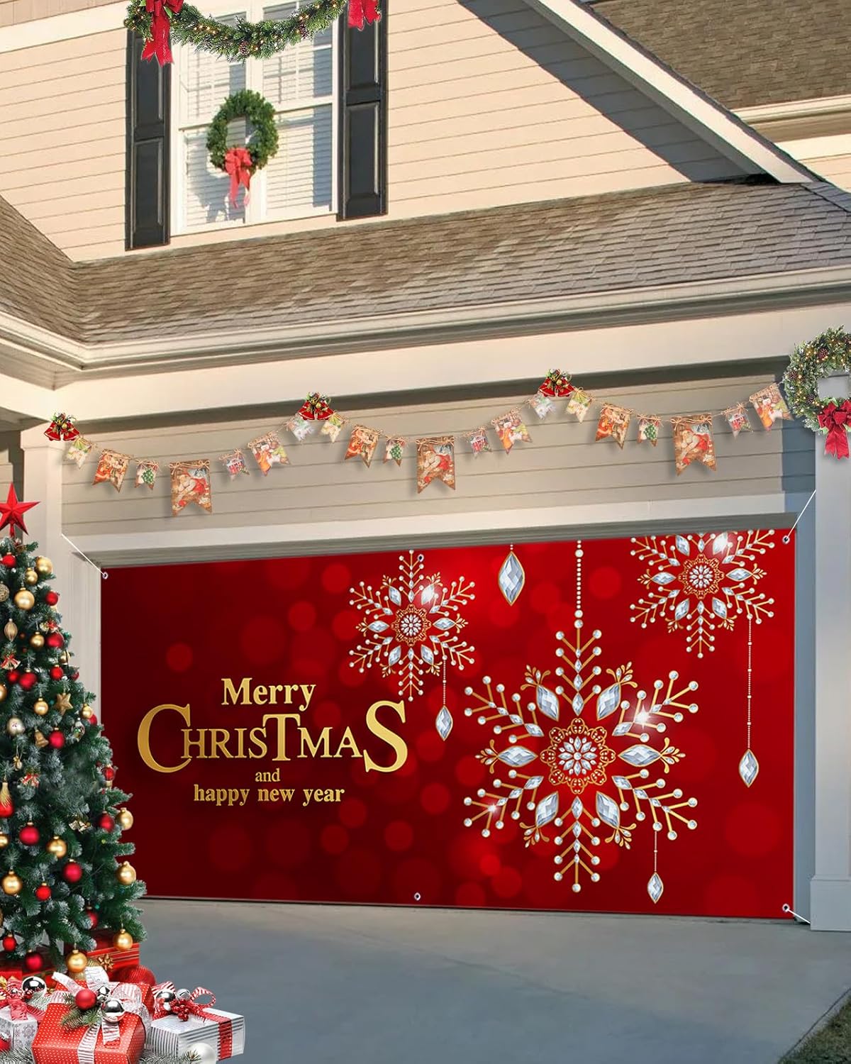 Garage Door Decorations - Christmas Garage Door Banner Cover 7 x 8 ft, Merry Christmas Ornate Snowflakes Christmas Garage Door Decorations Holiday Christmas Backdrop Decor for Winter New Year Xmas Party