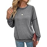 levaca Womens Long Sleeve Tops Fall Ribbed Shirts Loose Fit Exposed Seam Tunics to Wear With Leggings