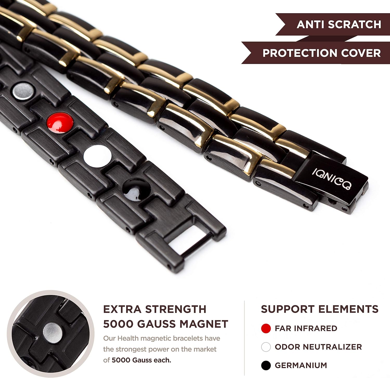 IONICO Stylish Magnetic Therapy Bracelet for Men and Women Health Improvement | Reliefs Arthritis, Carpal Tunnel, migraine, Headache Pain, Blood Pressure | Strong Energy Healing Power (Black-Gold): Health & Personal Care