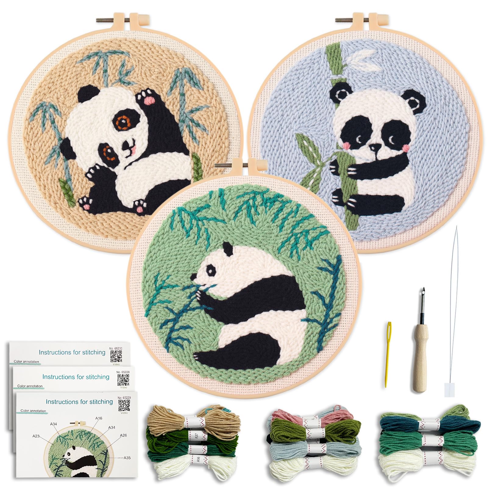 Myfelicity Punch Needle Panda Embroidery Kits, Set of 3, Including Tools Such as Patterned Punching Cloth and Needles