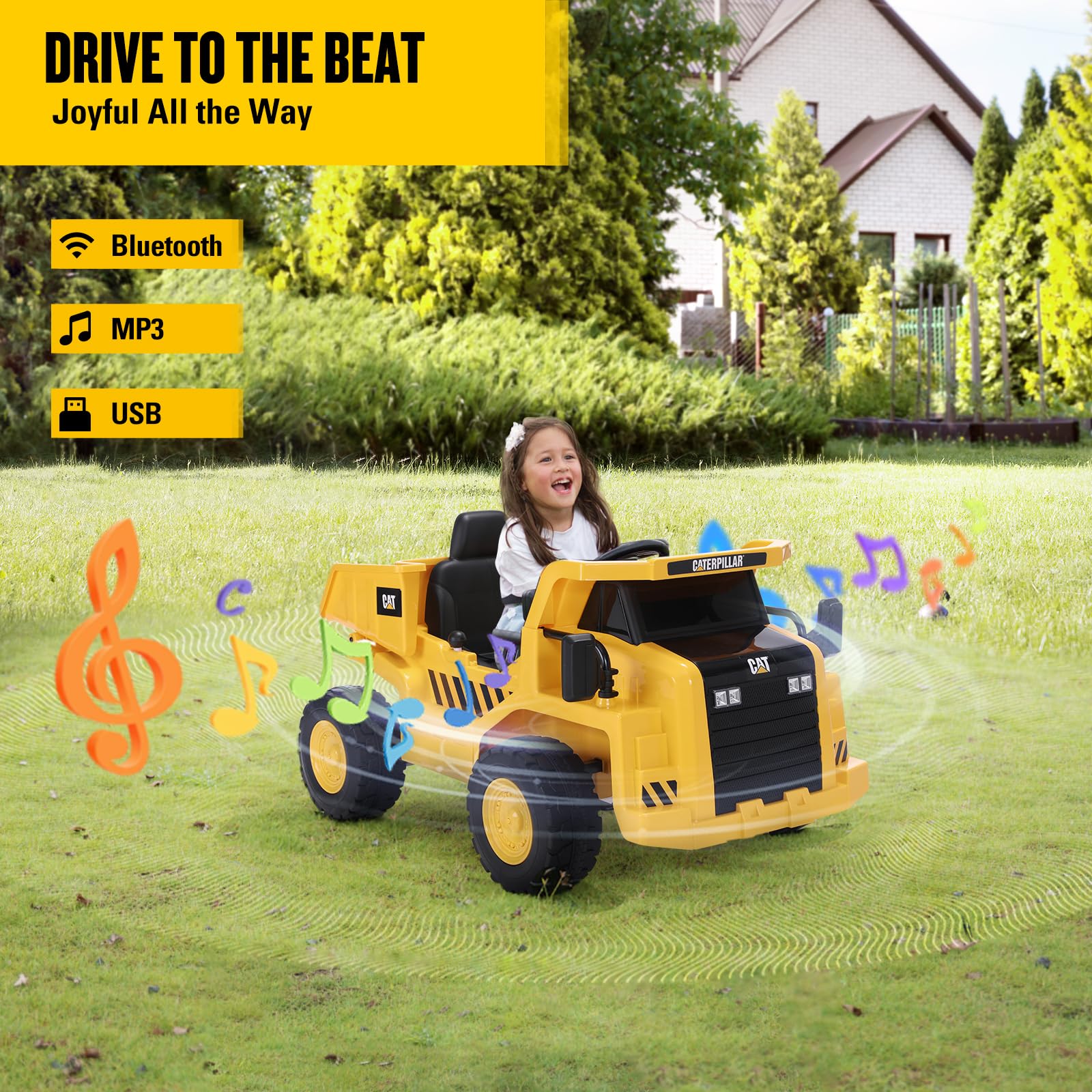 DASHINGNOAH Licensed Caterpillar 12V 7AH Ride on Dump Truck, Kids Electric Cars with Remote Control, Dump Bed, Shovel, LED Lights, Bluetooth/MP3/USB, Battery Powered Cars for Kids to Drive