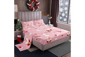 Feelyou Santa Claus Sheet Set Cute Rabbit Kawaii Pink Bed Set for Kids Boys Girls Decor Merry Christmas Bed Sheets Girly Pink Sheets Bedroom Collection 4Pcs Full Size