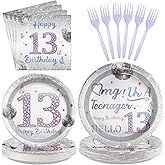 Grencian 96Pcs 13th Birthday Decorations for Girls Silver Disco Iridescent 13th Birthday Plates and Napkins Disposable Paper Tableware for Girls 13 Year Old Party Supplies, Serves 24