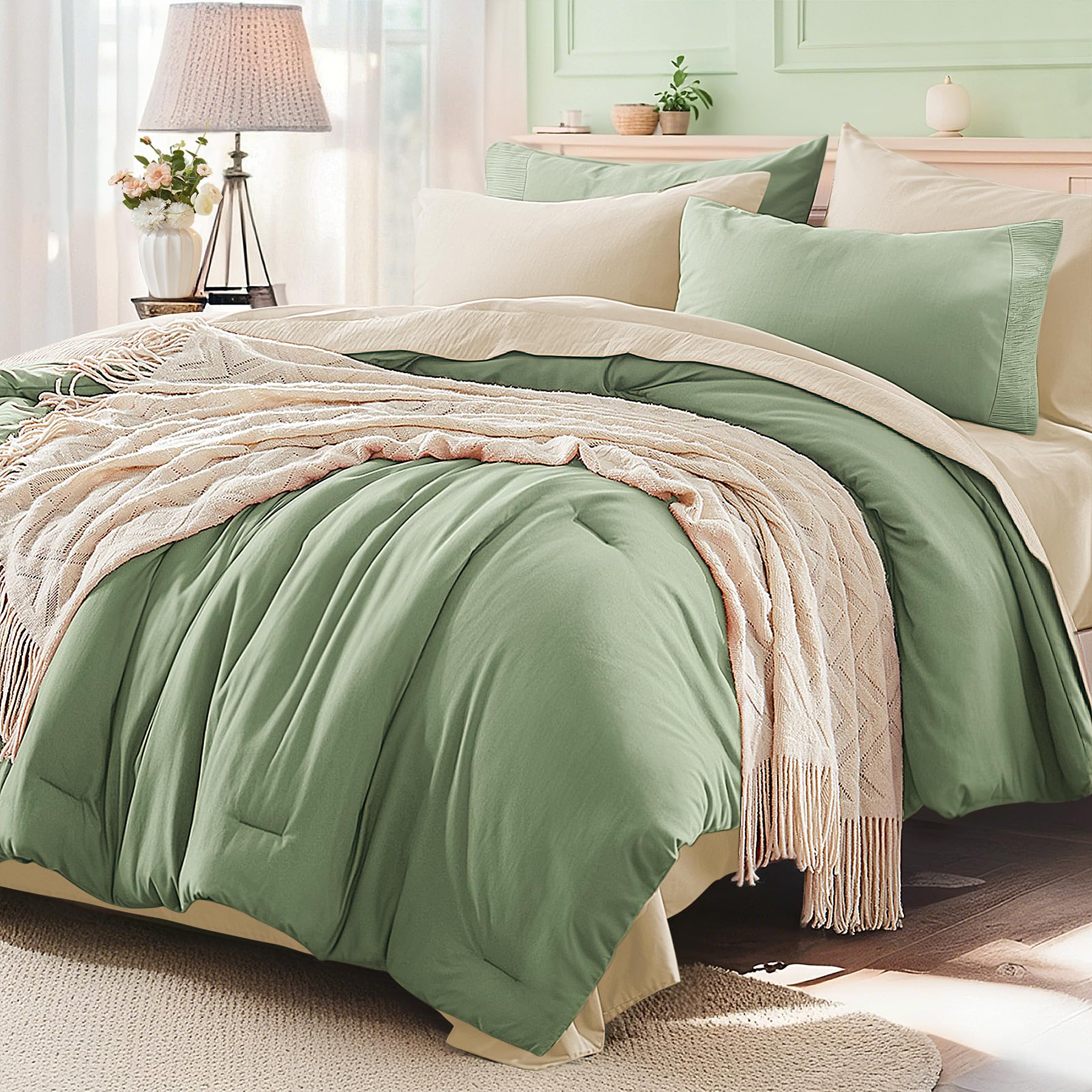 Anluoer Sage and Cream Queen Comforter Set 7 Pieces, Bed in a Bag with Sheets, All Season Bedding Sets with 1 Comforter, 2 Pillow Shams, 2 Pillowcases, 1 Flat Sheet, 1 Fitted Sheet