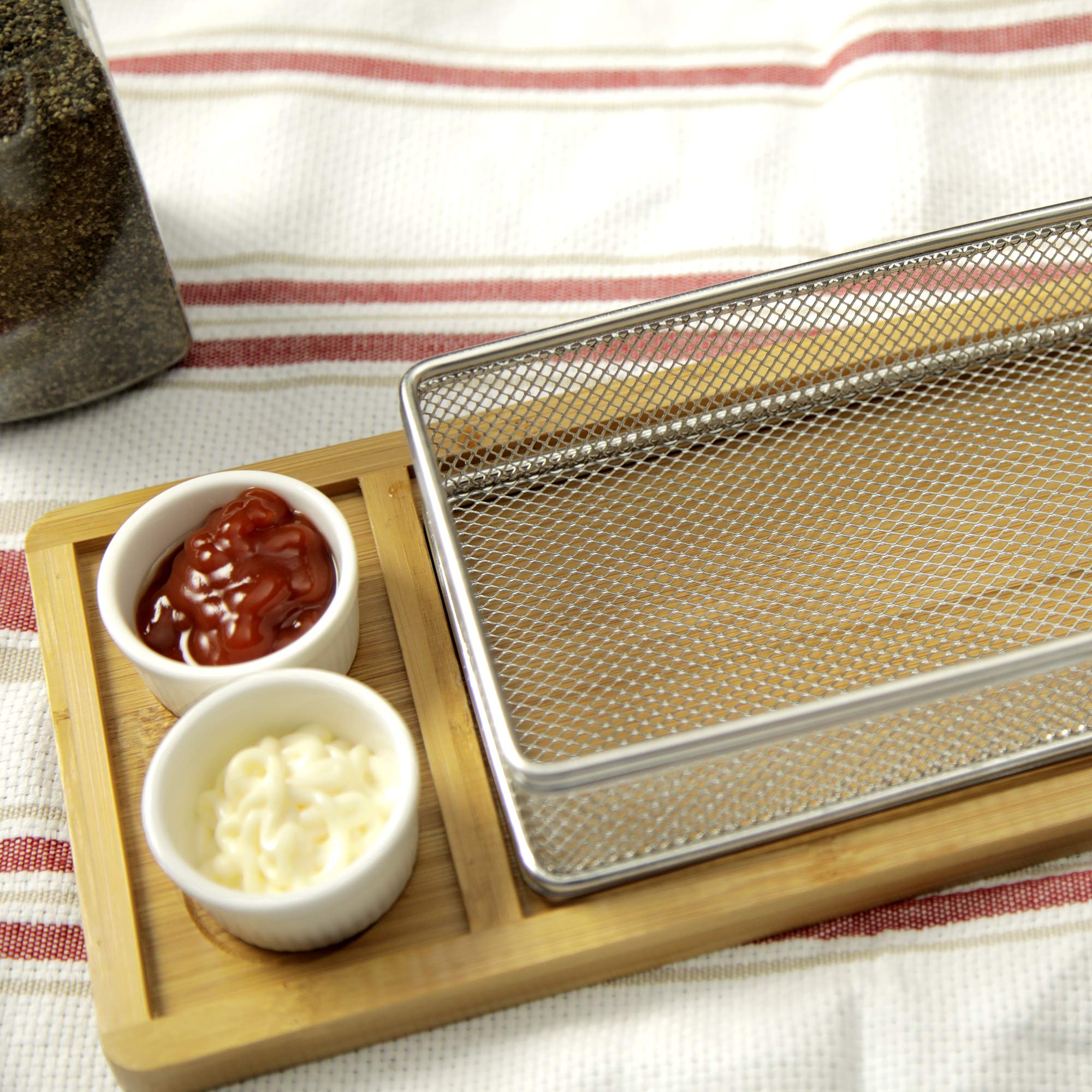 Yukon Glory YG-605 Magnificent Chip & Dip Serving Basket Bamboo Board and Sauce Cup Set for French Fries Fried Fish and More