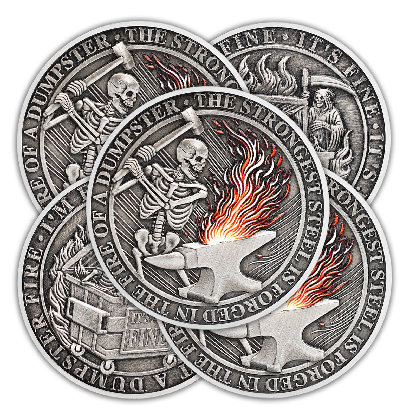 5Pcs Skeleton Dumpster Fire Coin, Grim Reaper Dumpster Fire Challenge Coin - Funny Office Desk Accessories - Novelty Coins Pocket Token - Inspirational Office Gifts for Men Women