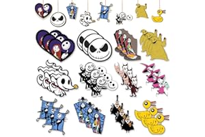 TIVEE 36 PCS Halloween Christmas Jack Sally Wooden Hanging Ornaments for Tree, Wood Nightmare Christmas Tree Decorations Before Spooky Decor Indoor Home Party Gifts