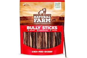 Natural Farm Bully Sticks (6 Inch, 50 Pack), Thin Pixie Pizzle Beef Treats, Grain-Free, High Protein, Best Rawhide Alternative for Small, Puppies or Senior Dogs