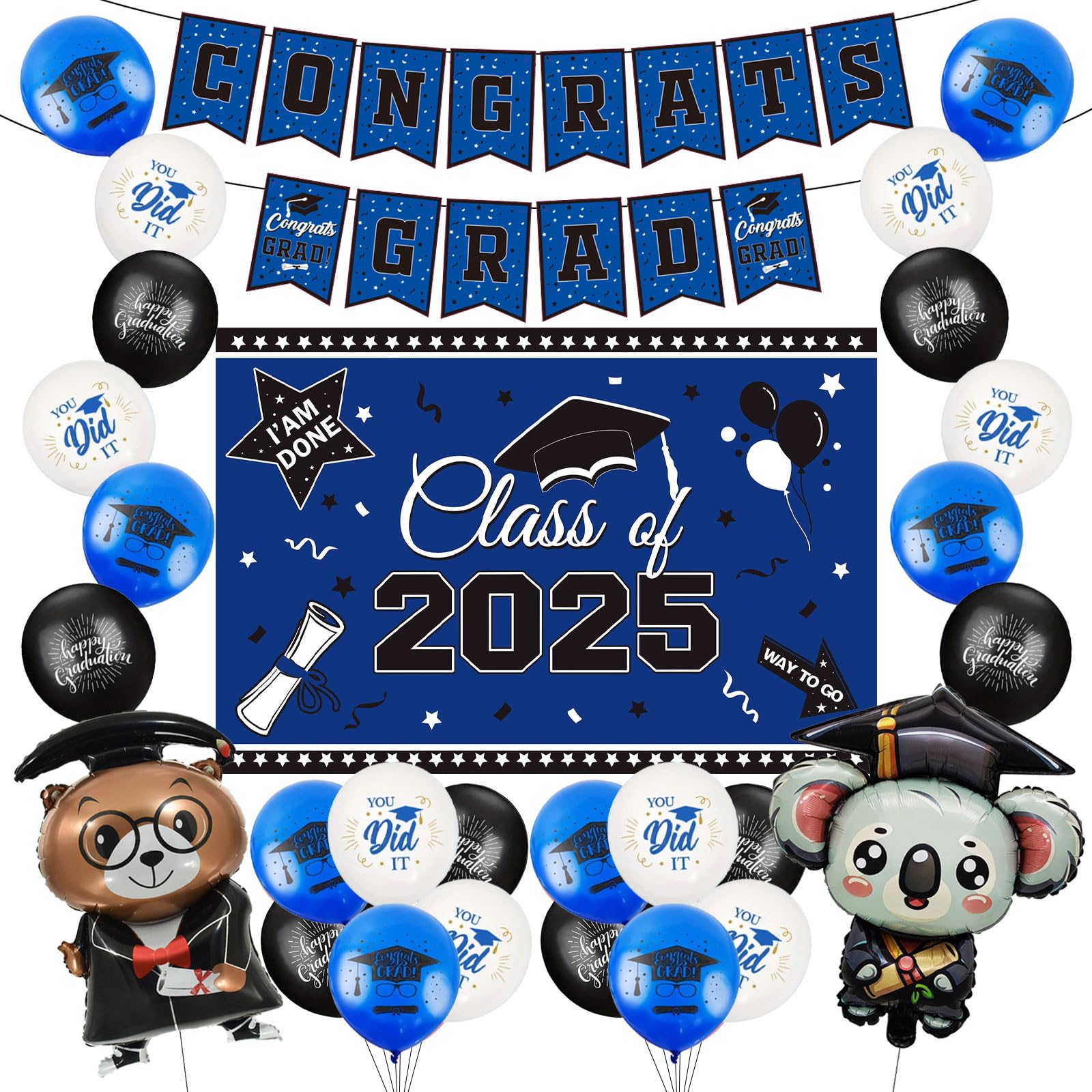 Photo 1 of Graduation Decorations Class of 2025 Blue Themed - 2025 Graduation Foil Balloons Congrats Grad Banner Backdrop Kindergarten Congrats Grad Party Decorations Supplies