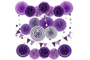 ZERODECO Party Decoration, 21 Pcs Purple and Lavender Hanging Paper Fans, Pom Poms Flowers, Garlands String Polka Dot and Triangle Bunting Flags for Birthday Parties, Wedding, Mermaid Party