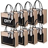 8 Pcs Large Burlap Tote Bags with Handles Jute Bridesmaid Gift Tote with Ribbons and Front Pocket 16.54 x 12.6 x 5.51 Inches Blank DIY Shopping Bags Bulk for Women Beach Wedding Picnic Work Travels