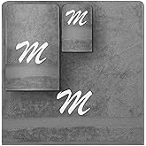 Monogrammed Towel Set, Personalized Gift, Set of 3- Block Letter Embroidered Turkish Towels Set - 1 Bath & 1 Hand Towel, 1 Washcloth, Highly Absorbent, Super Soft 100% Cotton, Initial - M, Grey