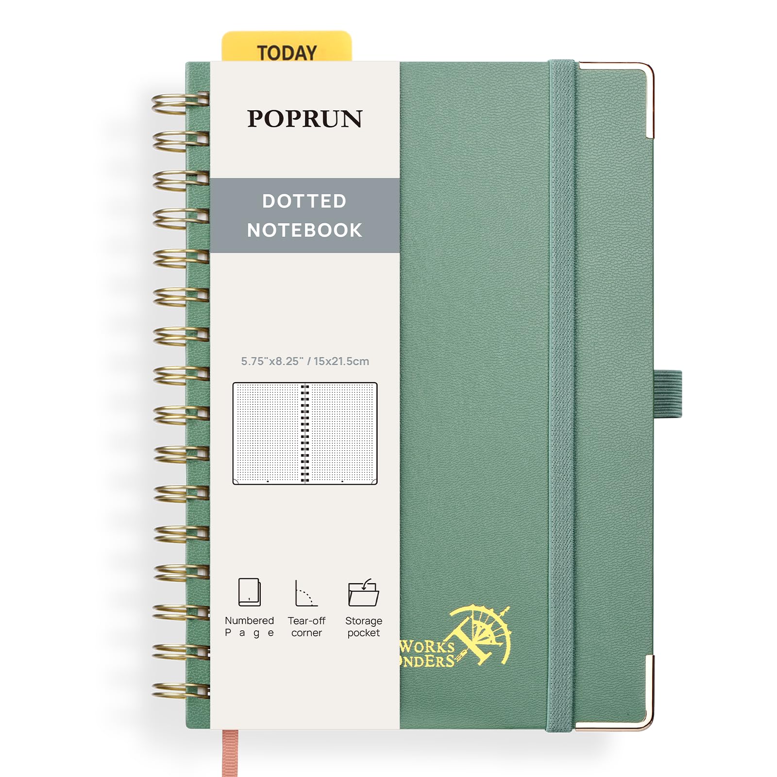 POPRUN Spiral Bullet Dotted Journal Notebook, [A5 Size] - 120 Gsm Thick Paper, 141 Numbered Pages, Wirebound Notepad for Men & Women with Pocket, Index Tabs, 8 Perforated Sheets, Midnight Green