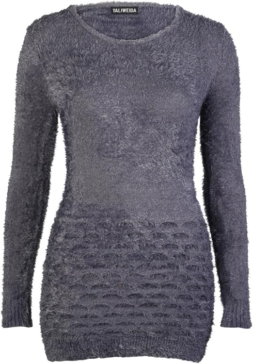 1S Womens Grey Fluffy Soft Stretch Ladies Long Knitted Winter Jumper