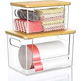 Trash Bag Dispenser 2 Pack, Stackable Trash Bag Holder with Bamboo Lid – Clear Plastic Garbage Bag Organizer for 4-33 Gal Bags, Space-Saving Under Sink Organizer for Kitchen, Laundry, Pantry