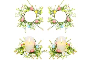 4 Pack Easter Egg Candle Rings Wreath with Daisy Flower Spring Egg and Pastel Pip Berry Candle Rings Holder Wreaths 4" Center