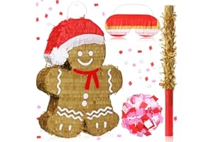 HyDren Christmas Gingerbread Man Piñata Decorations 16 Inch Christmas Mexican Piñata with Stick Confetti and Blindfold Bundle for Xmas Favors Party Decors Holiday Photo Props (Red and Brown)