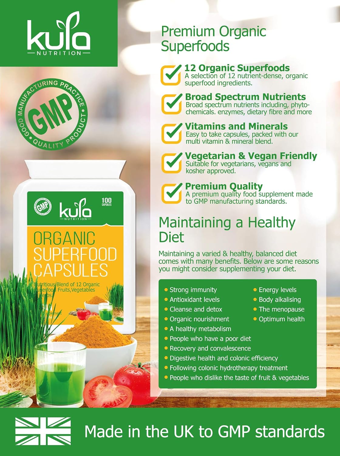 Kula Nutrition - Organic Superfood Complex - 100 Capsules - A Natural Food Form Vitamin and Mineral Blend with 14 Organic Fruits, Green Vegetables and Plant Extracts – Spirulina, Wheatgrass and More. - Image 4