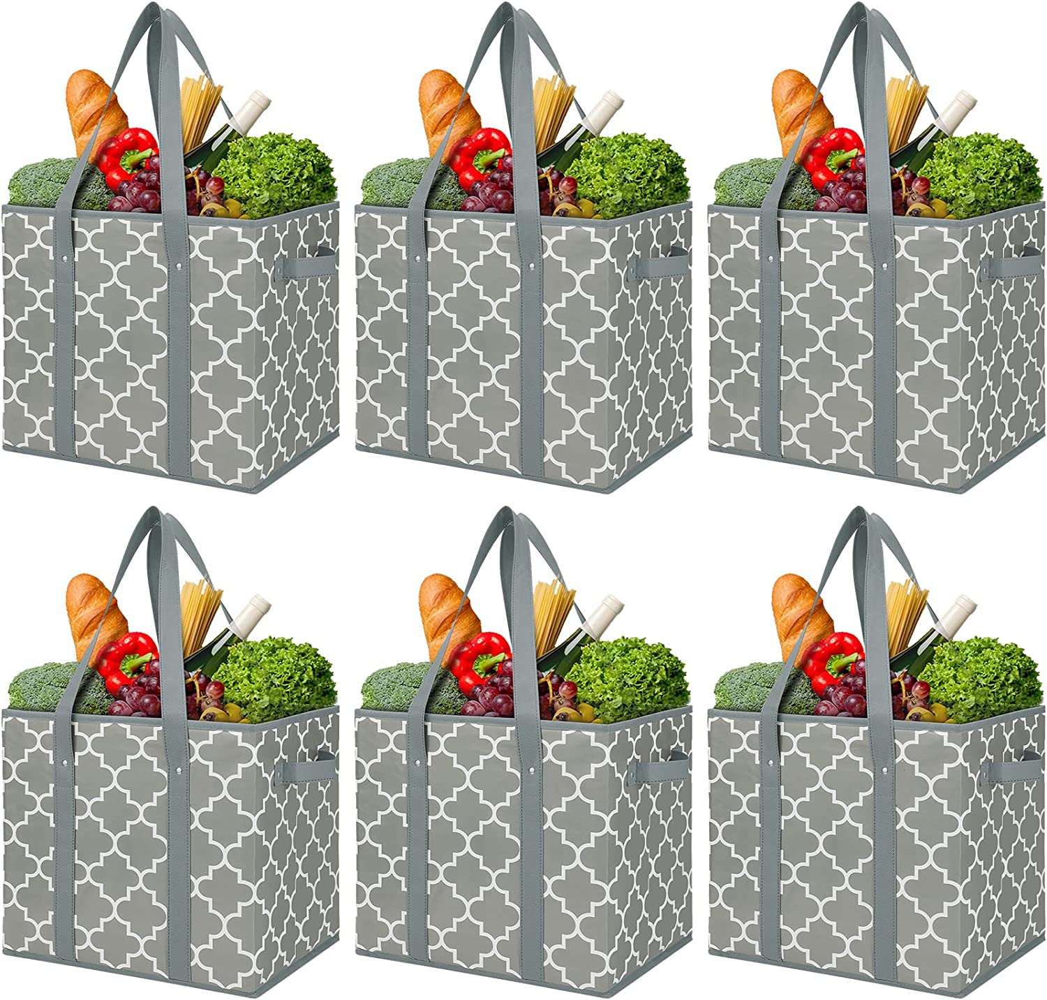 WISELIFE Reusable Grocery Bags 6-Pack Foldable Washable Storage Bins Basket Water Resistant Shopping Utility Tote Bag Grey Image