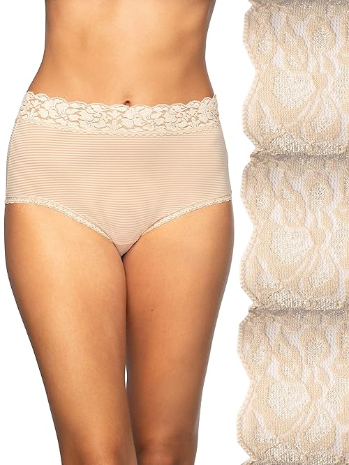 Vanity Fair Women's Flattering Lace Panties: Lightweight & Silky with Superior Stretch, 3 Pack-Neutral, 7