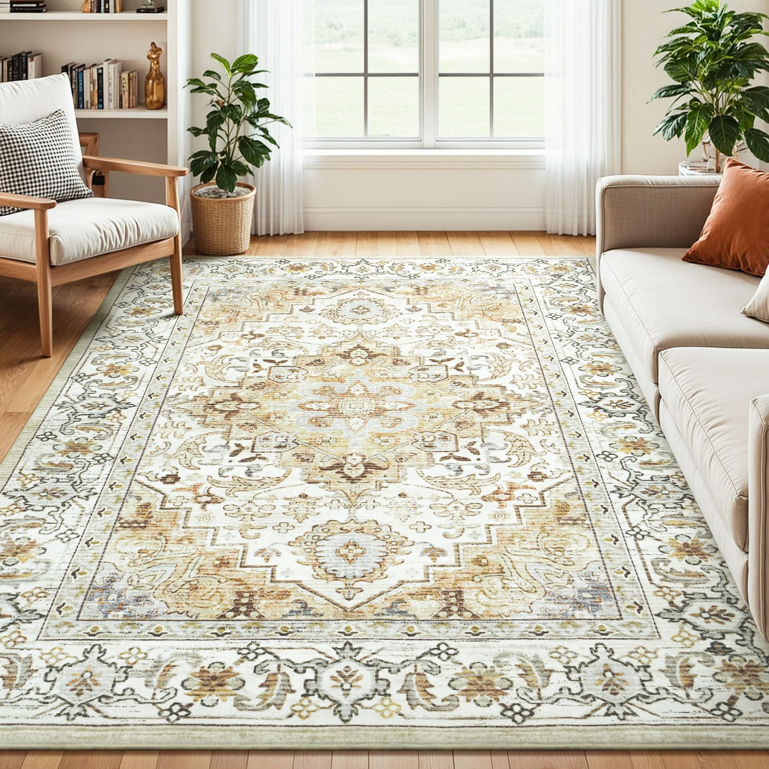 Lessymo 5x7 Area Rugs- Machine Washable Area Rugs, Super Soft Faux-Wool Area Rug for Living Room Bedroom, Boho Area Rug Vintage Floral Medallion Non-Slip Low Pile, Kid & Pet Friendly, Beige Image