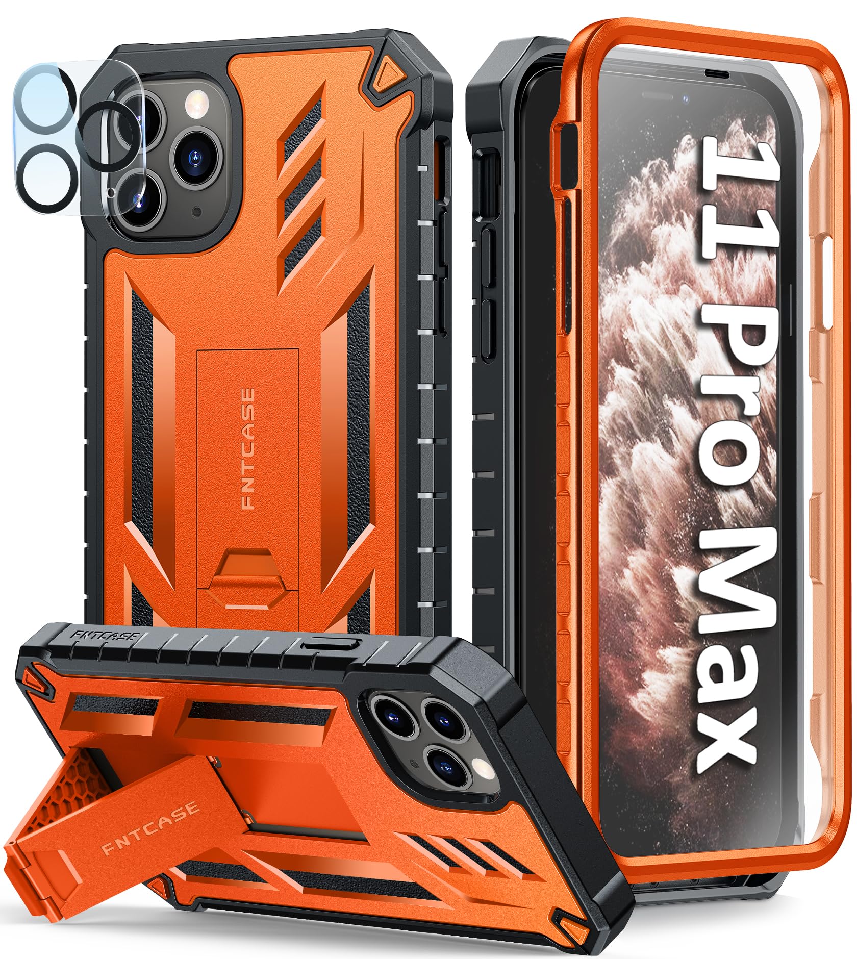 FNTCASE for iPhone 11 Pro-Max Case: Rugged Shockproof Protective Cases with Kickstand - Heavy Duty Dual Layer Military Grade Drop Proof Protection Cell Phone Cover (Orange)