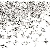 Craftdady 129pcs Cross Necklace Pendants Tibetan Antique Silver Cross Dangle Charms Metal Alloy Bracelet Pendants Golden Keychain Charms for DIY Craft Jewelry Making