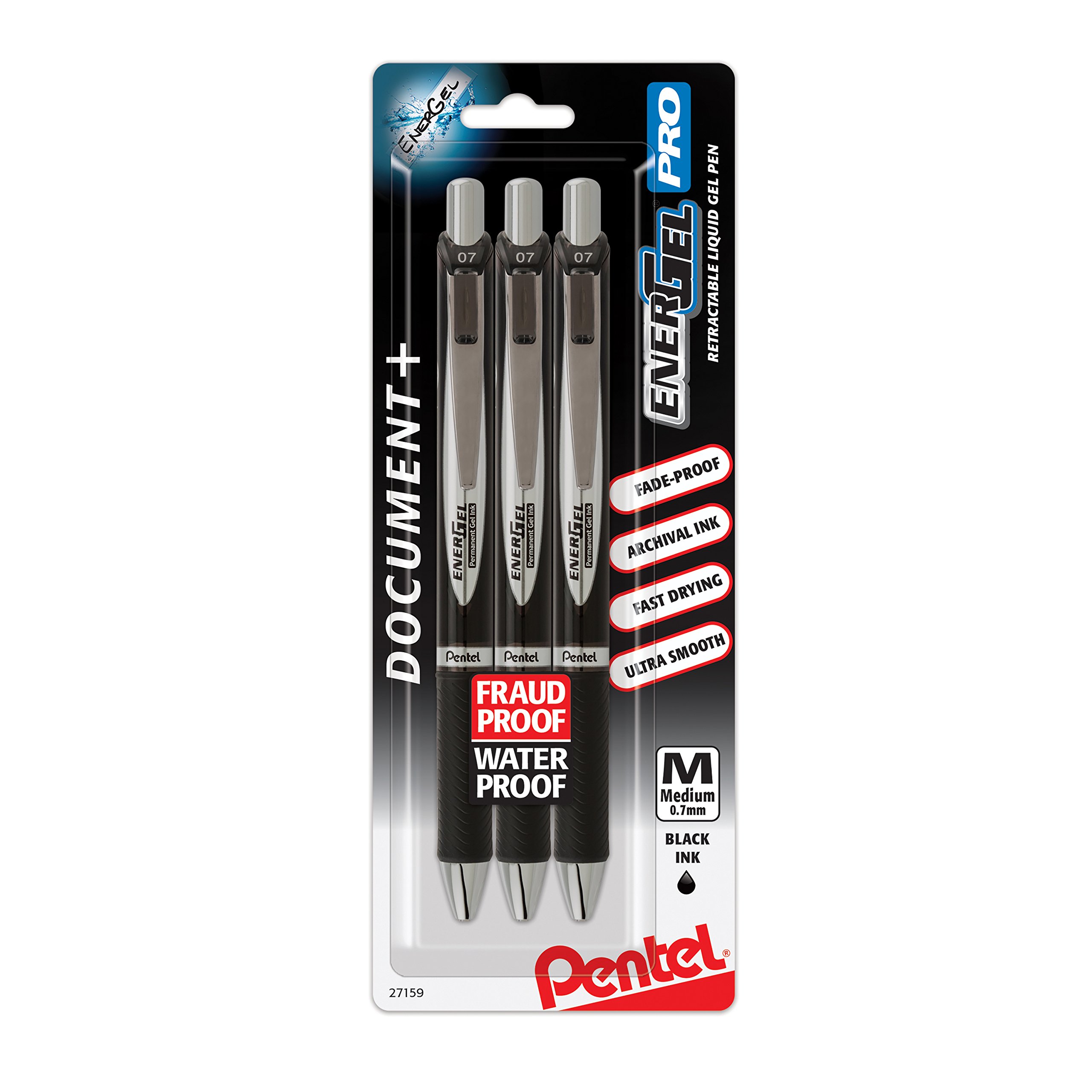 3 x EnerGel Permanent Gel Ink Rollerball Pen, Black