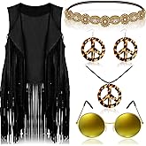 Frienda 6 Pcs 60s 70s Outfit for Women Hippie Halloween Costume Set Peace Sign Earring Headband Fringe Vest Tassel Cardigan
