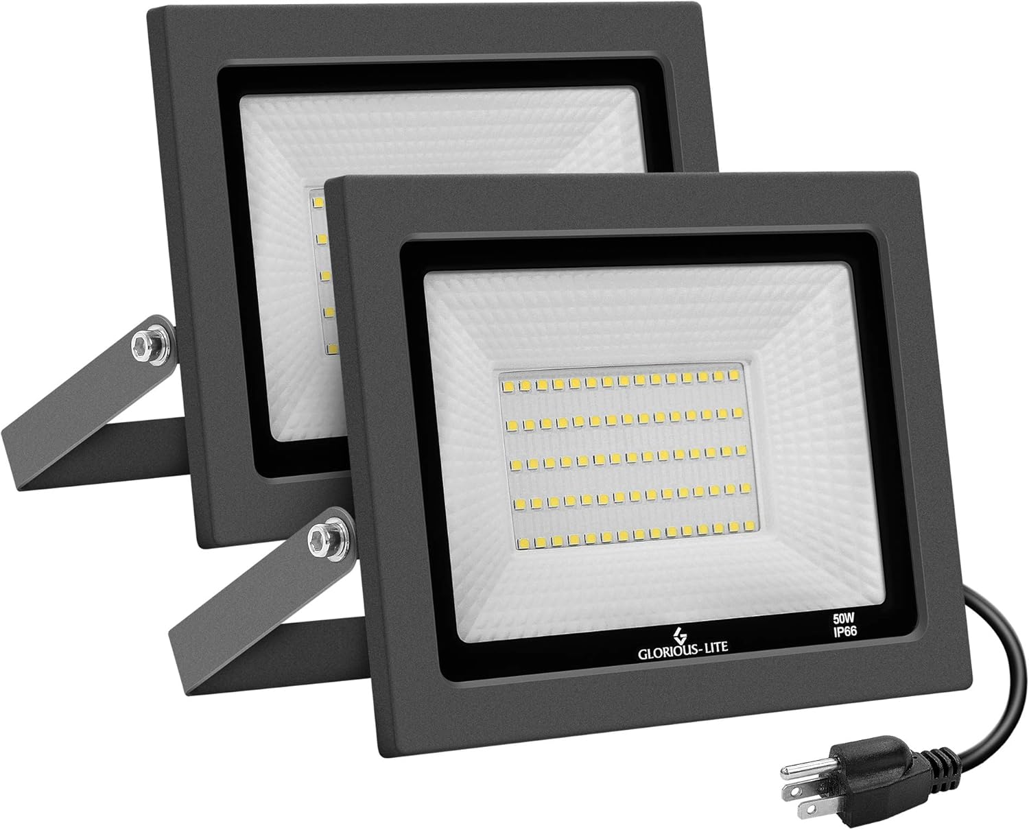 LED Flood Light Outdoor - GLORIOUS-LITE 2 Pack 50W Outdoor Floodlights - 5000LM Bright Work Light with Plug, 5000K Daylight White, IP66 Waterproof Outdoor Lights for Backyard, Garage, Garden, Lawn