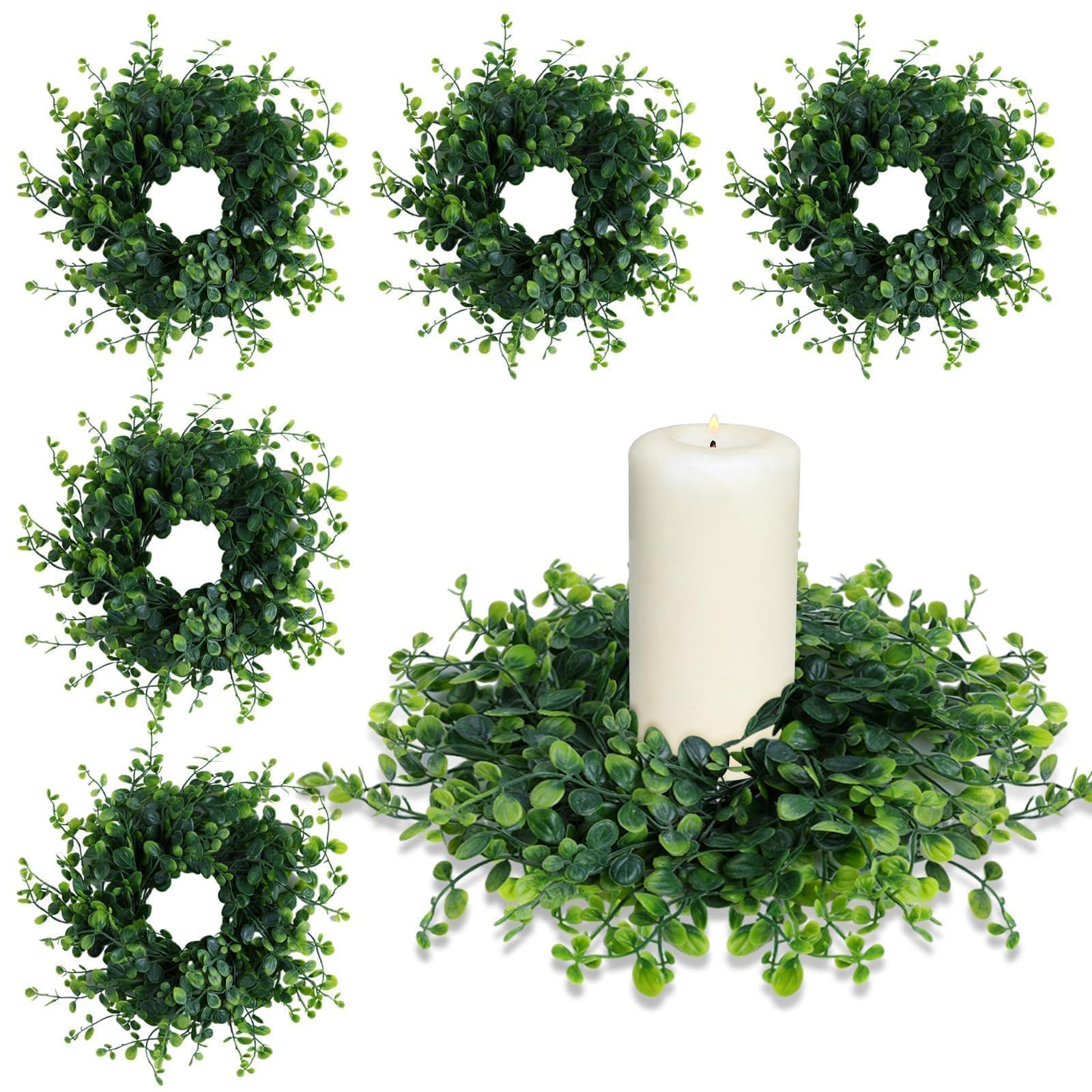 Photo 1 of 6 Pcs Mini Green Boxwood Candle Rings Wreaths Spring Summer Kitchen Cabinet Swags Wreath 3 Inch Wedding Rings Wreaths Pillar Candle Holder for Wedding Home Door Tabletop Decor