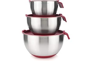 AVACRAFT 18/10 Stainless Steel Mixing Bowls with Lids, non slip silicone base bowls with Handle, Mixing Bowl Set with Pour Spouts & Measurement Marks, Home Essentials Cooking Bowls, (Red)