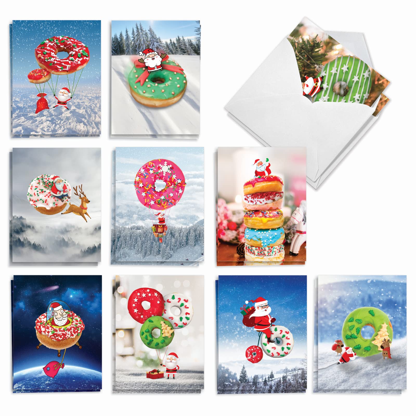 The Best Card Company - 20 Santa Christmas Note Cards (10 Designs, 2 Each) - Bulk Holiday Notecard Assortment (4 x 5.12 Inch) - Donut Ho Ho Holes AM3489XSG-B2x10