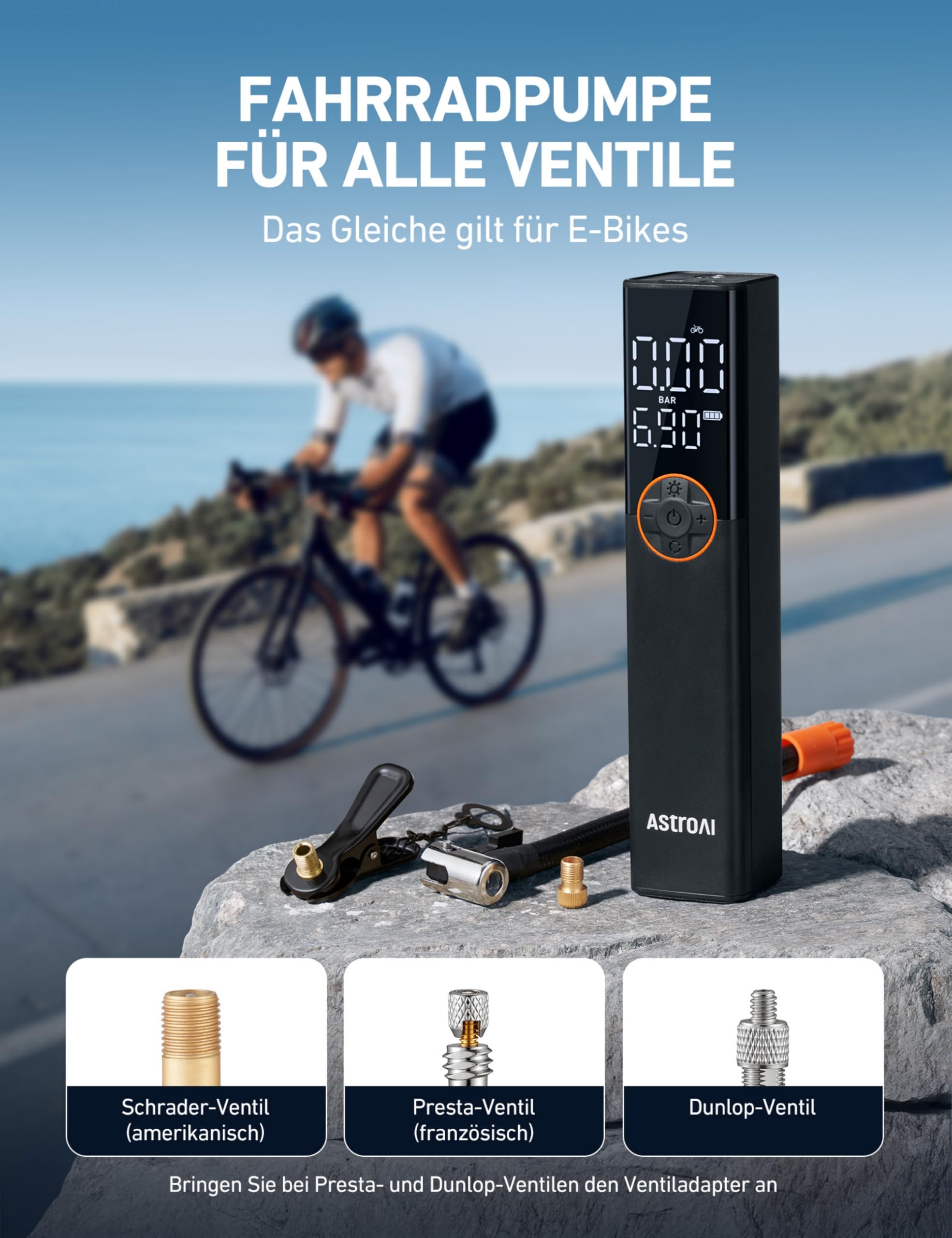 AstroAI Fahrradpumpe Elektrische Luftpumpe, 150PSI Mini Tragbare Akku Fahrradpumpe alle ventile, Hochspannungsmotor Speziell für Fahrrad, Wiederaufladbare für Stadtrad, Rennrad, Mountainbike, Orange 2