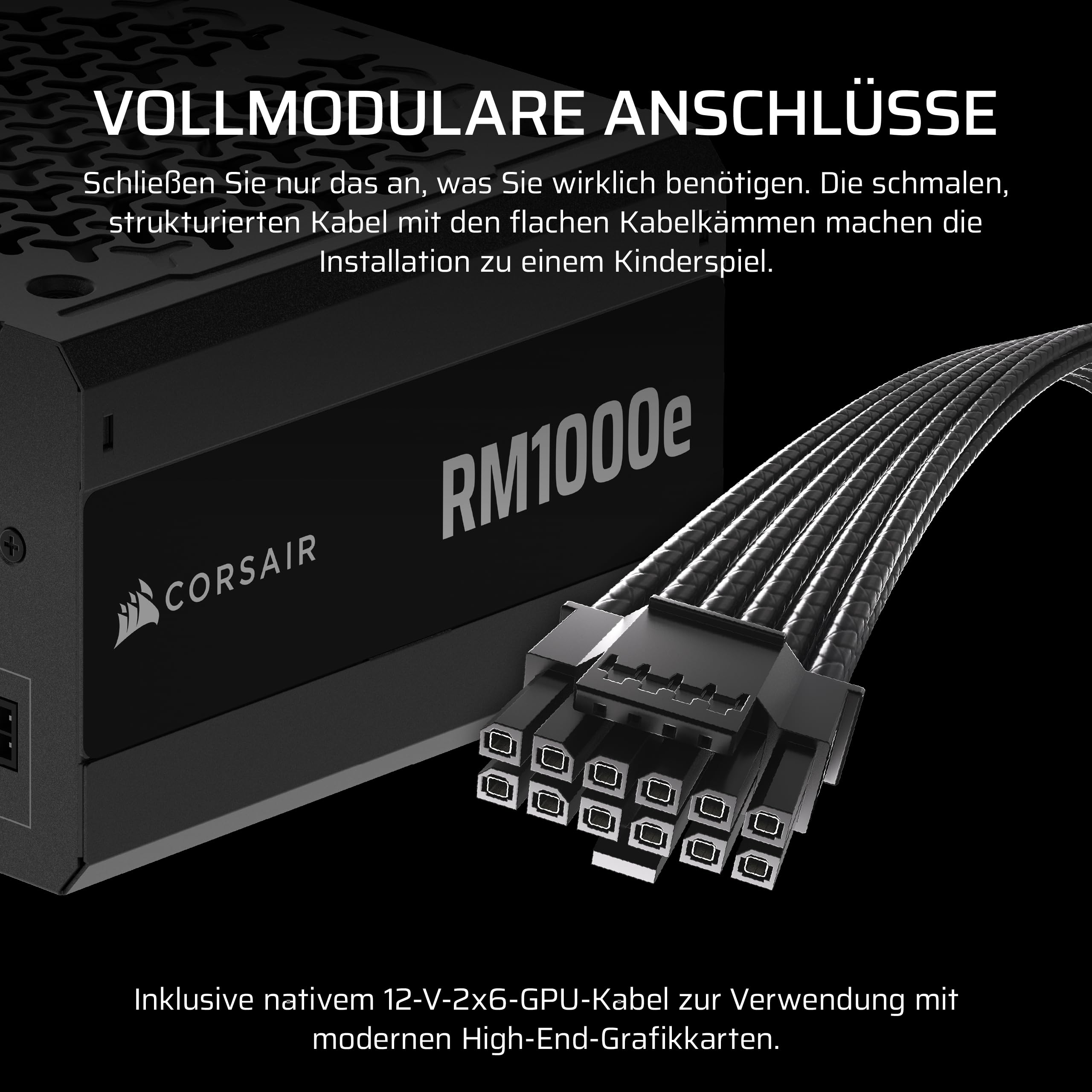 CORSAIR RM1000e (2025) Geräuscharmes Vollständig Modulares ATX-Netzteil mit 12V-2x6 Kable – Zero RPM-Lüftermodus, ATX 3.1-Konform, PCIe 5.1-Unterstützung, Cybenetics Gold – Schwarz 4