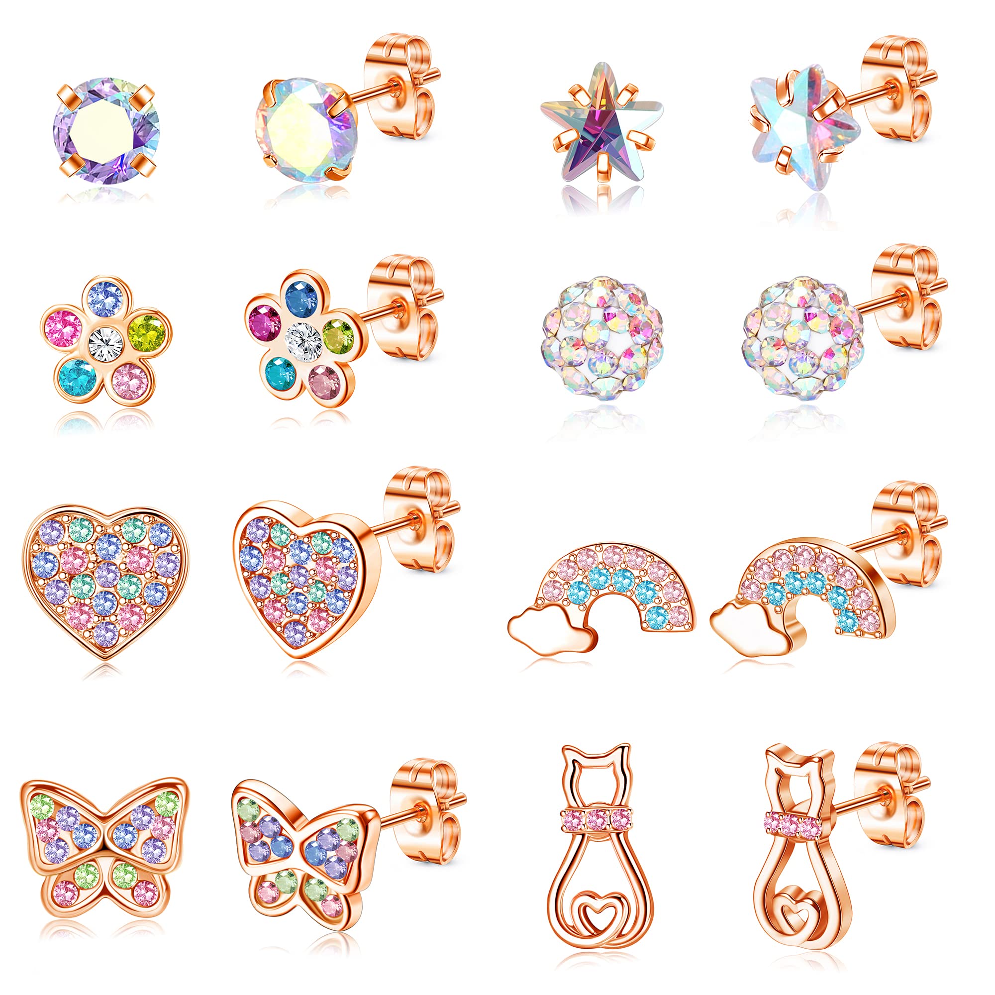 ORAZIO 8 Pairs Hypoallergenic Earrings Studs Set For Women Girls 316L Stainless Steel Childrens Earrings Multicolored Cubic Zirconia Heart Flower Turtle Pearl Butterfly Stud Earrings