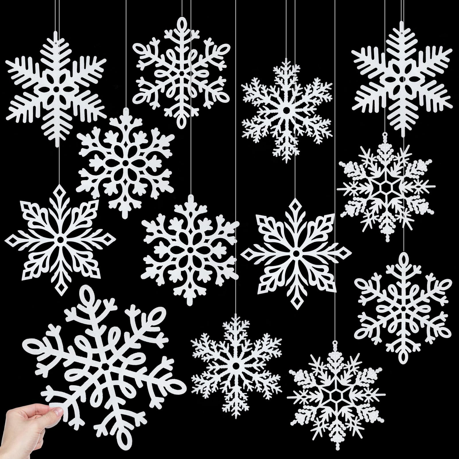 Photo 1 of 12 Inch Glitter Snowflake Ornaments - Large Plastic White Snowflakes for Indoor/Outdoor Xmas Tree, Window, Door, Wedding, Anniversary, Birthday Home Decorations (12 Pcs)