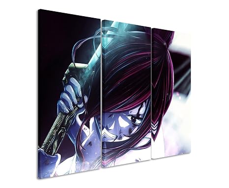 Leinwandbild 3 teilig Erza_Scarlet_Fairy_Tail_3x90x40cm (Gesamt 120x90cm) _Ausführung schöner Kunstdruck auf echter Leinwand 